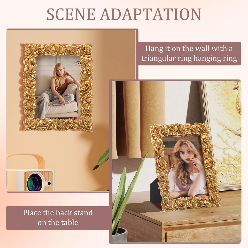 2Pcs Antique Picture Frame 5"x7" Resin Flower Photo Frame Vintage Photo Frames with Glass Front Tabletop Ornament for Home Decor