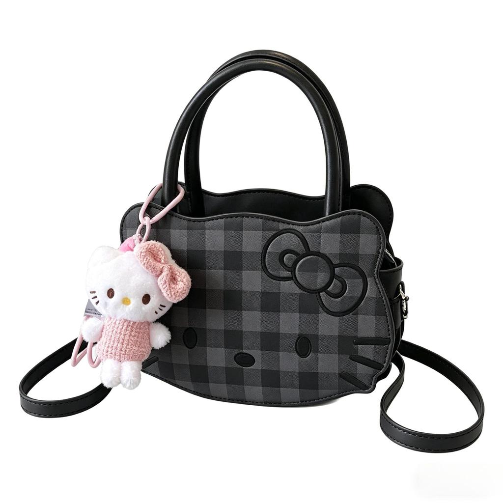 Miniso Fashionable Women's Shoulder Bag Plaid Pattern Women's Shoulder Bag with Pink KT Cat Pendant