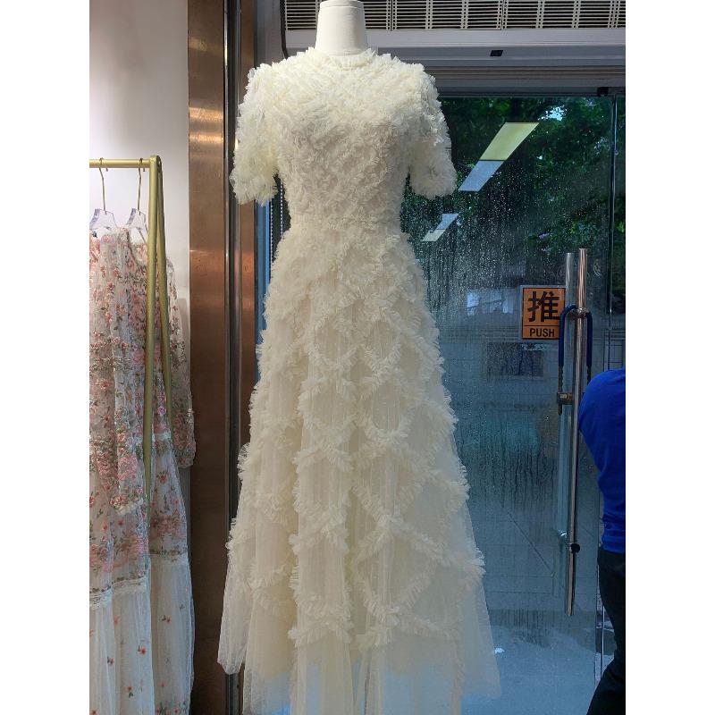 

Платье-миди с коротким рукавом и принтом в горошек, с круглым вырезом, завышенной талией, сетчатой вышивкой, юбка для通勤 XXL абрикосовый