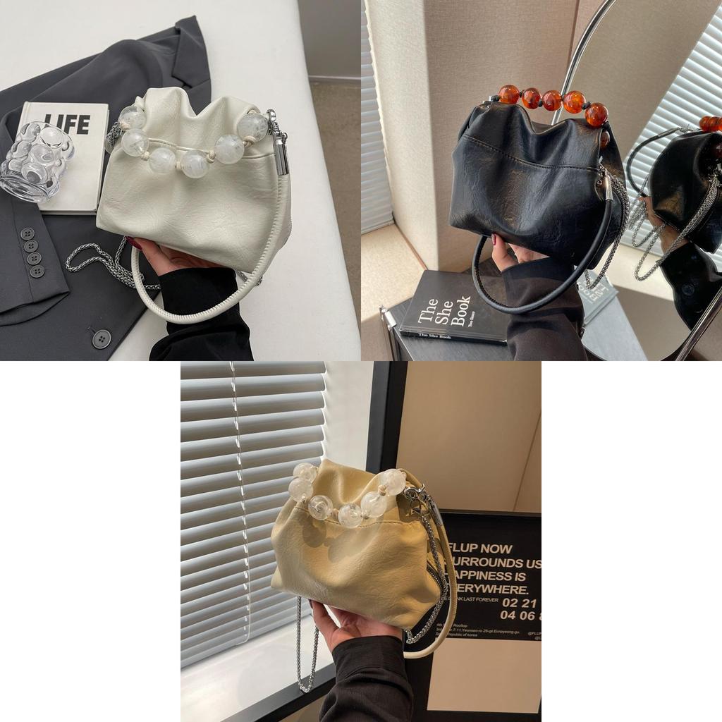 2024 New Contrast Color Chic Ruched Handbag Beaded Chain Bag Street Style Trendy Bucket Bag