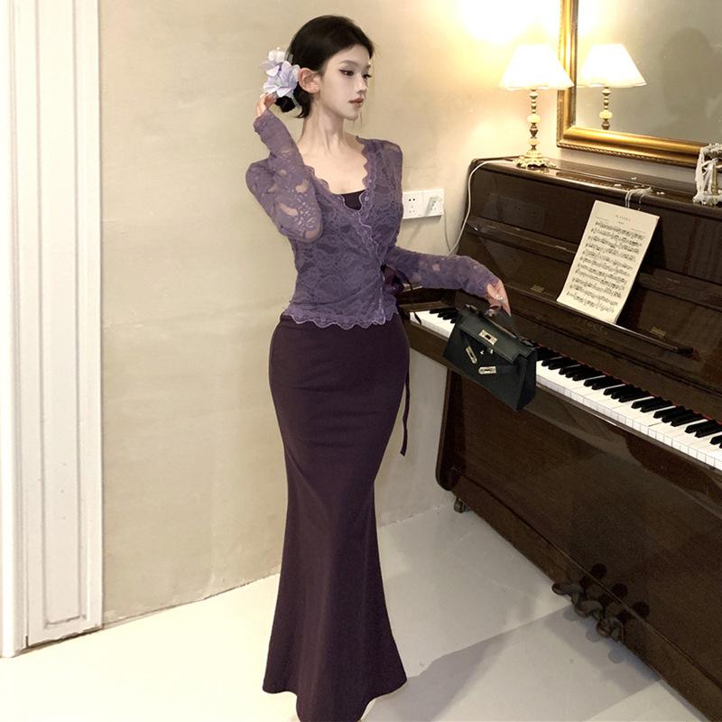 

Pure desire retro suspender dress + outer lace cardigan for women L