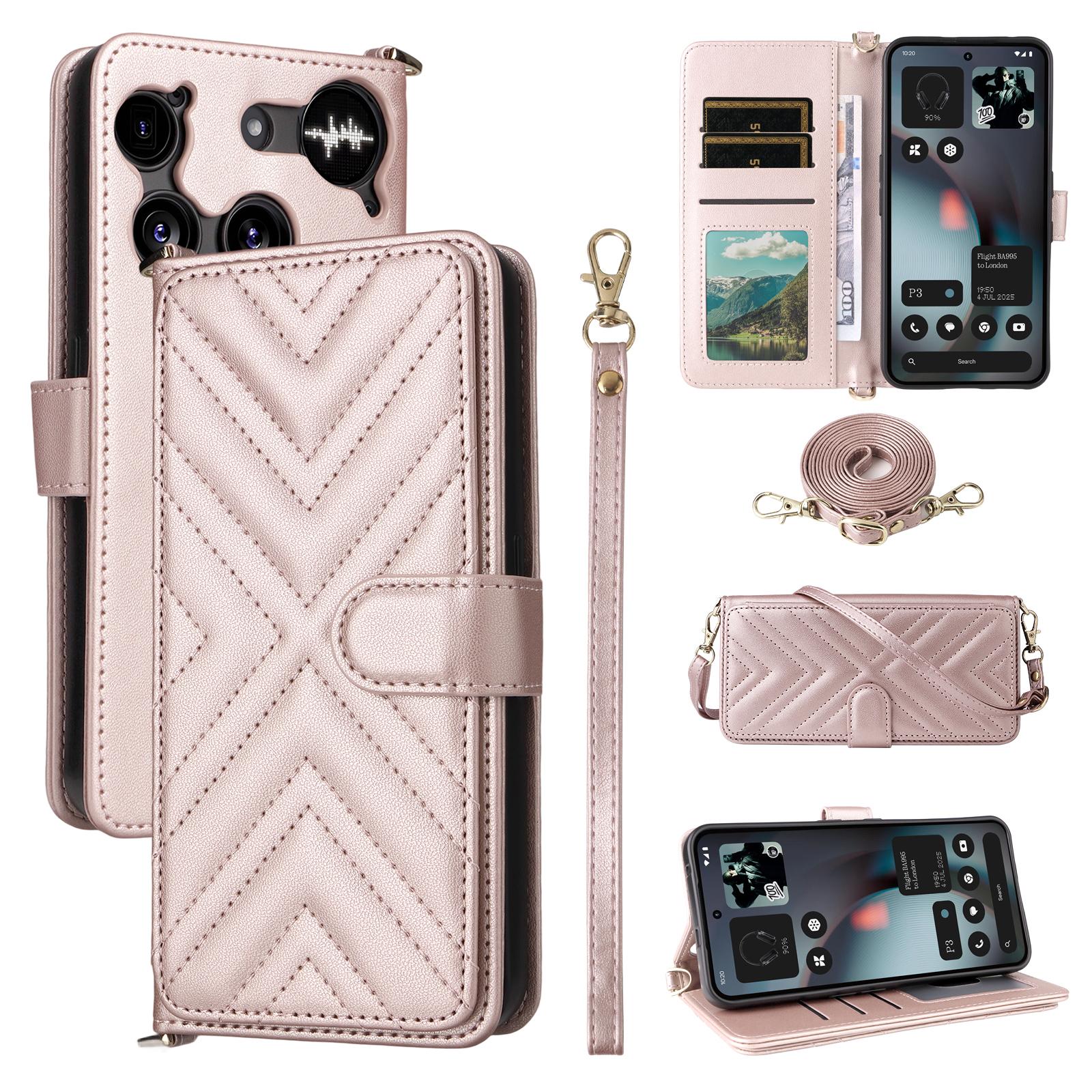 

For Nothing Phone (3) 5G Case with Shoulder/Wrist Strap Leather Phone Cover Stand Wallet Pink