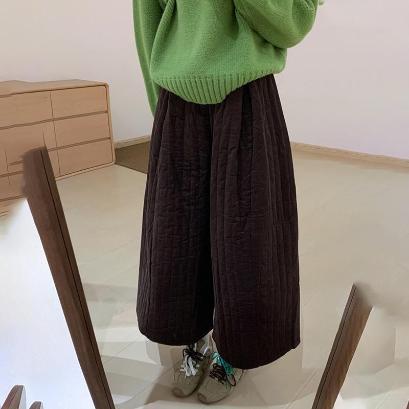 

Women s High-Waisted, Fluff-Lined Quilted Wide-Leg Pants - Textured, Slimming, Loose, Straight-Leg, Thickened, Petite Fit, Autumn/Winter Casual Wear Medium
