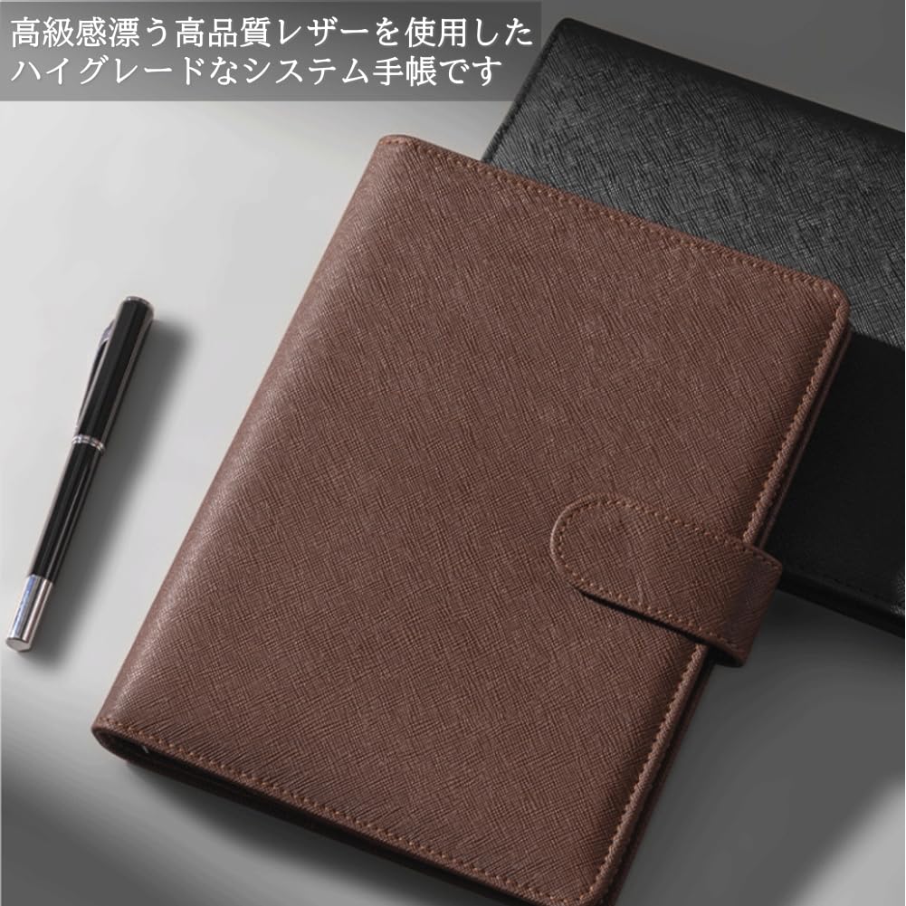 Planificator de afaceri A5 din piele cu inele, buton magnetic, 100 de coli, suport pentru pix și buzunar pentru carduri, hârtie cu 6 găuri, (negru)