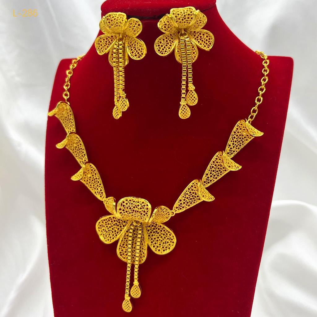 Gold-Plated Brass Flower Necklace & Earrings Set for Women's Wedding Jewelry