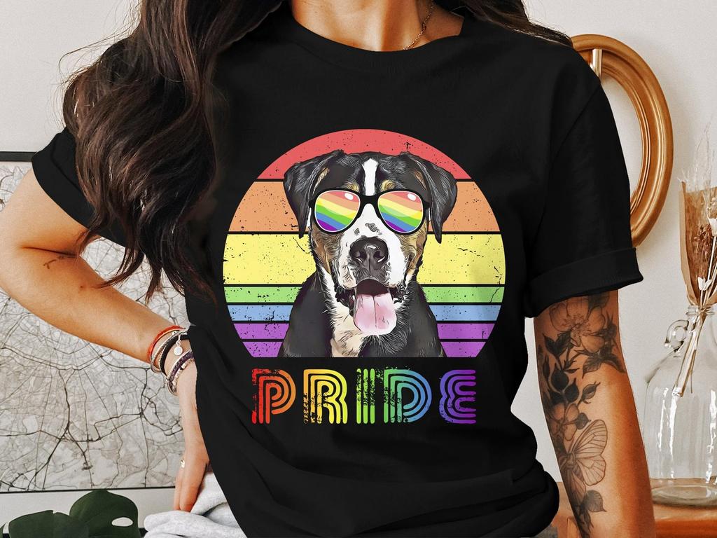 Greater Swiss Mountain Dog Pride Dog T-Shirt, Colorful Rainbow Striped Pet Graphic Tee, LGBTQ Support, Dog Lover Gift Idea Apparel