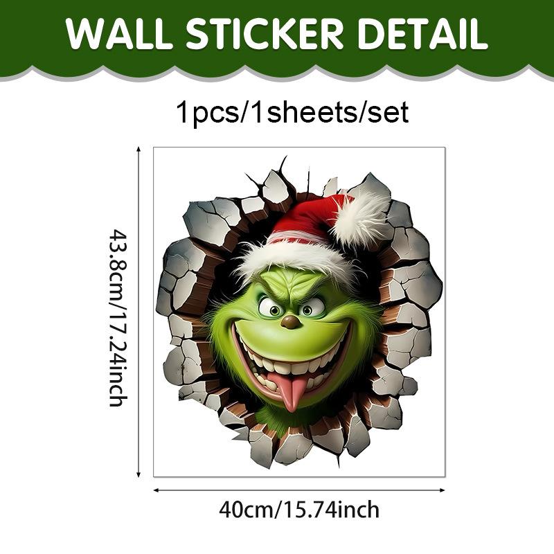 Christmas broken wall living room wall decoration home sticker self-adhesive Grinch cartoon green hair monster window sticker