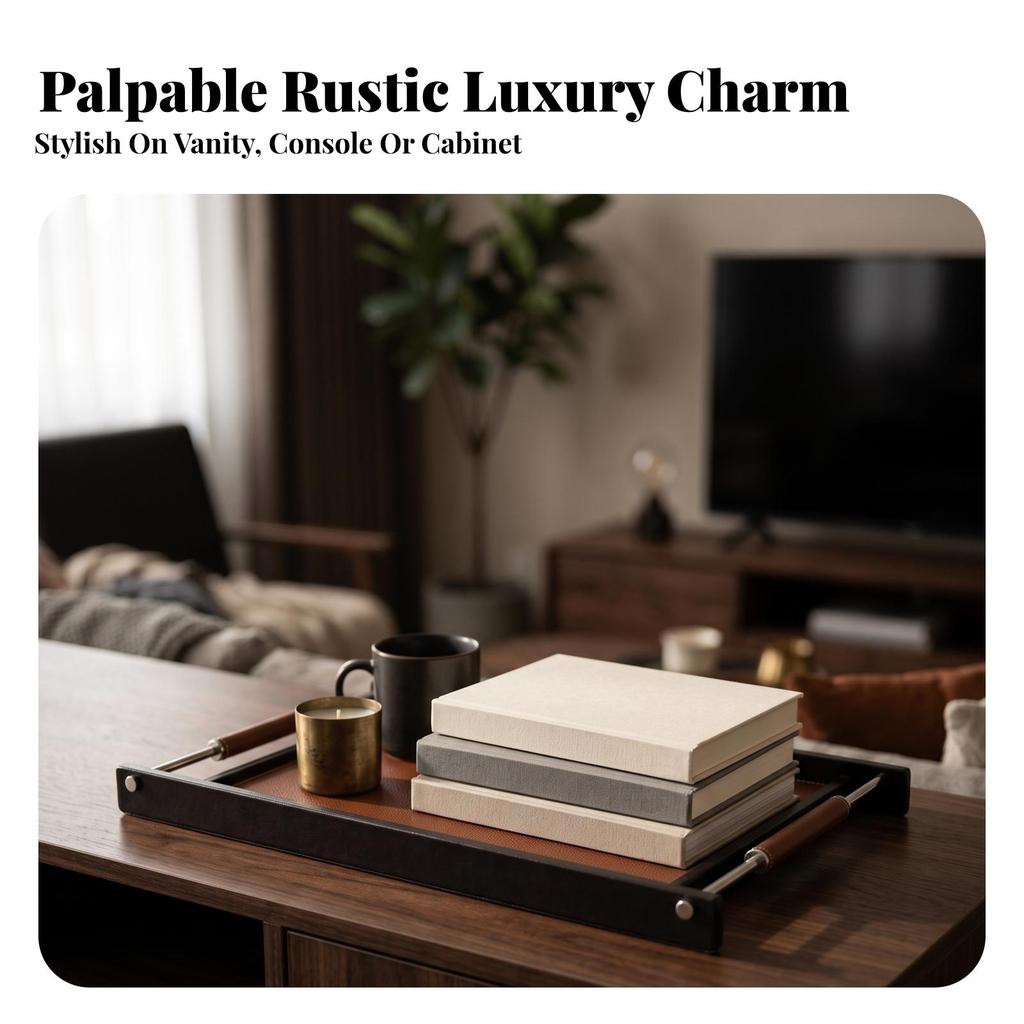 Serving Tray Elegant with Leather Handles Stylish for Entryway Organization