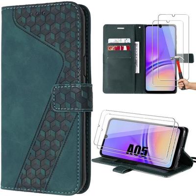 Protective Case - Samsung - Galaxy A05 - PU Leather - 2 Tempered Glasses - Night Green