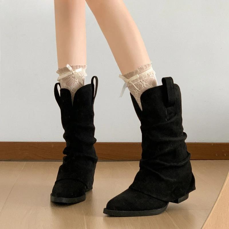 Fashion Vintage Pointed Toe Women Western Cowboy Boots Fashion Slip On Shoes Ladies Elegant Thick Heel Mordern Short Booties Autumn