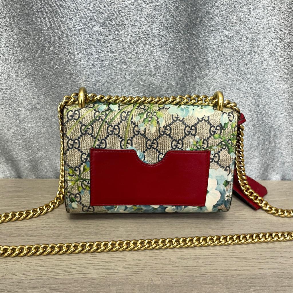 [Pre-Owned] Padlock Metal Lock Buckle Bag GG Blooms Logo Geranium Print Canvas And Leather Box Bag Chain Shoulder Crossbody Bag S - Very Good #19AOBGS
