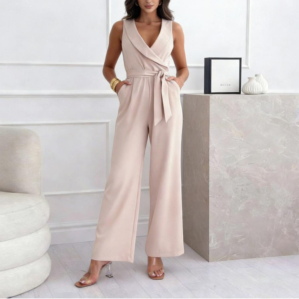 Women's Fashionable Casual High Waisted Wide Leg Tapered Jumpsuit With Tie Waist For Commuting