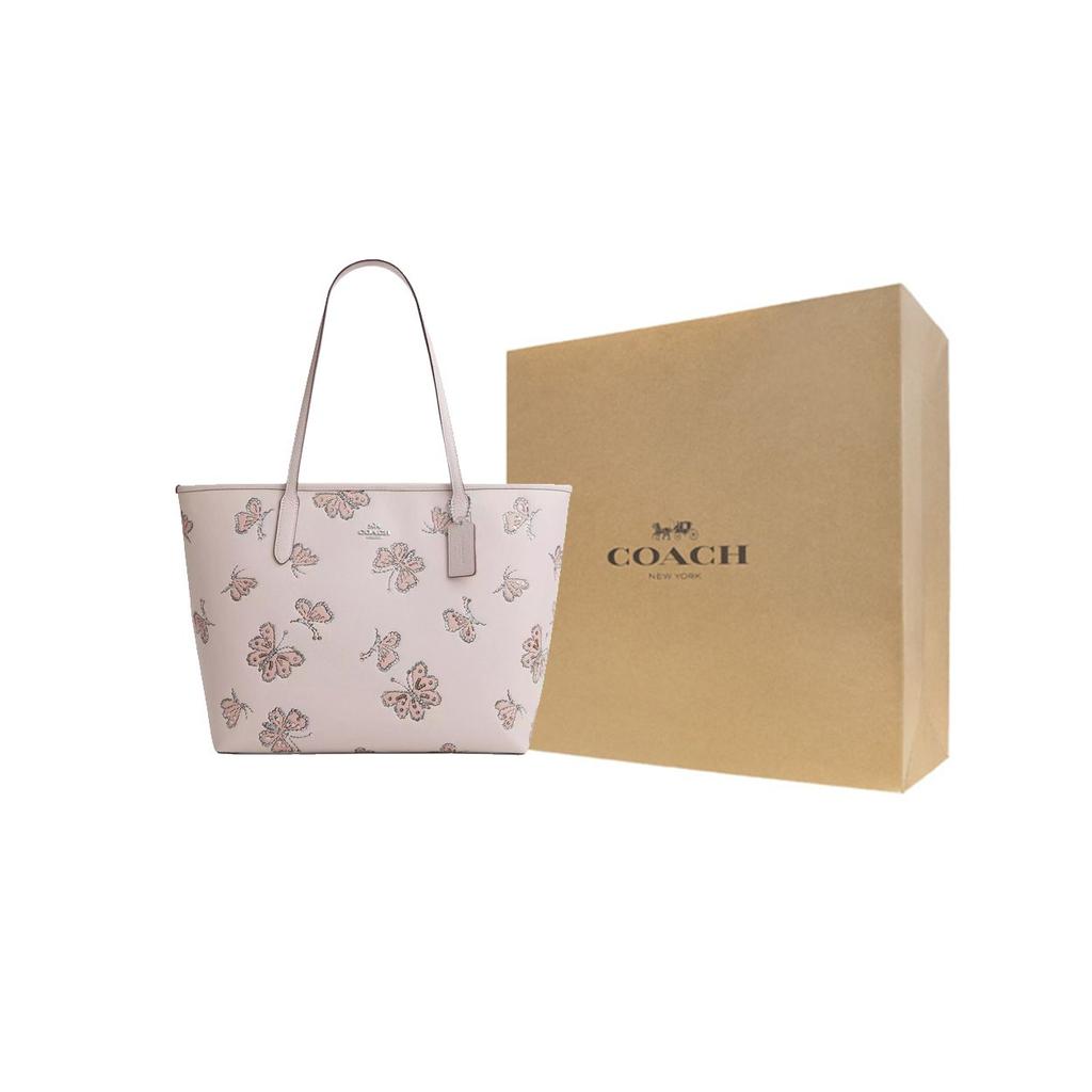 Coach City 33 Butterfly Print Tote Bag Pebble Leather Shoulder Bag Large Women tote bags Beige CCE93-SVPY1