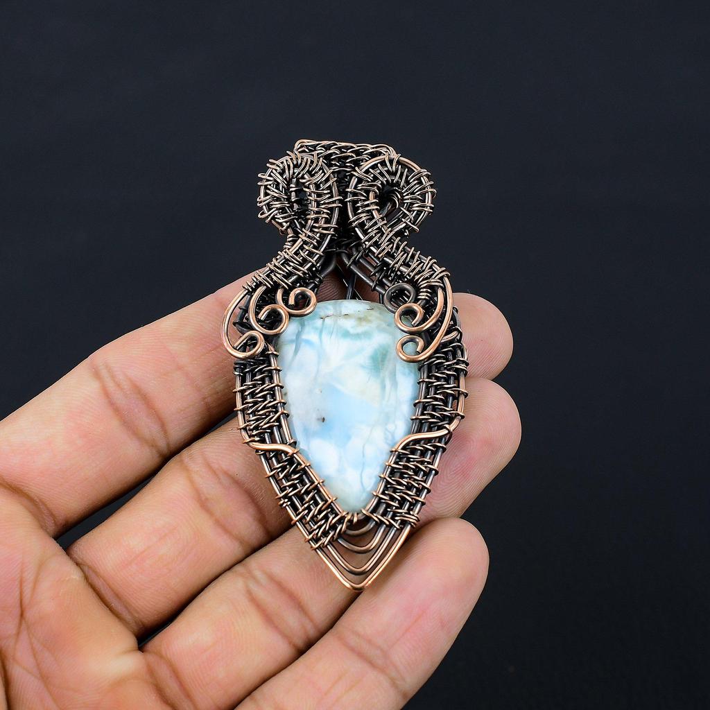 Beautiful Larimar Pendant Gemstone Pure Copper Wire Wrapped Handmade Jewelry For Her