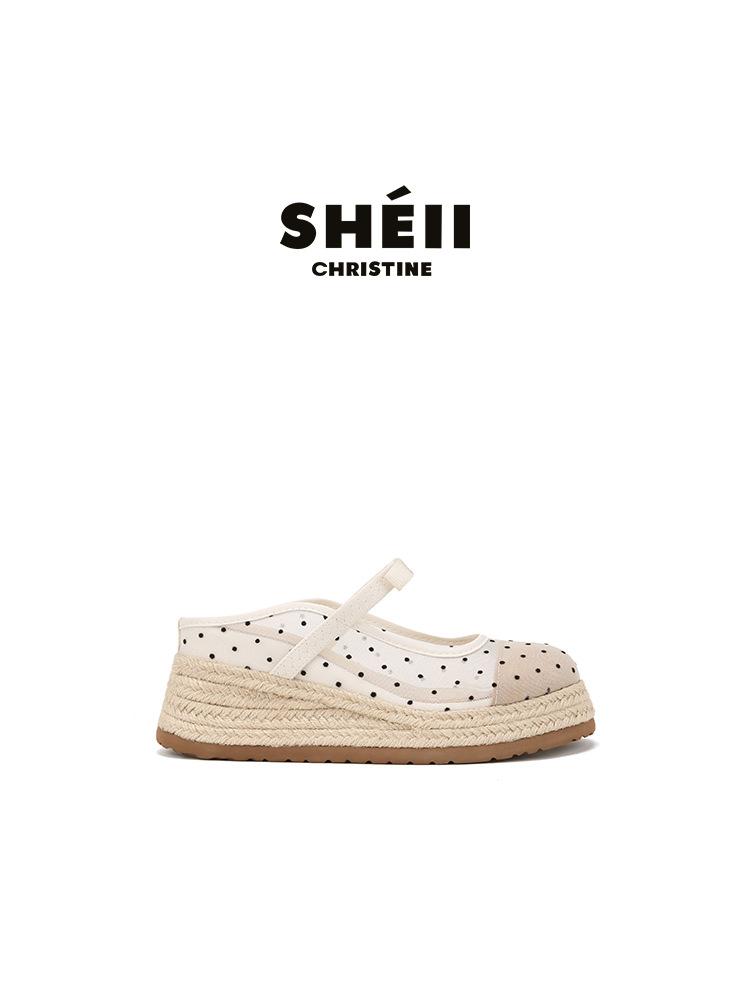 

Су Иинь та же сетчатая пеньковая веревка танкетка бант Мэри Джейн сумка голова отпуск шлепанцы женские круглый носок высокий каблук сандалии 40