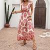 European & American 2026 Summer Retro Resort Waist-Cinching Geometric Floral Dress
