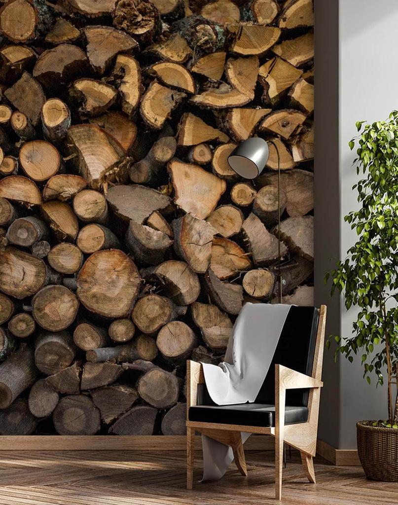 Wallpaper Fireplace Wood Wood Optics