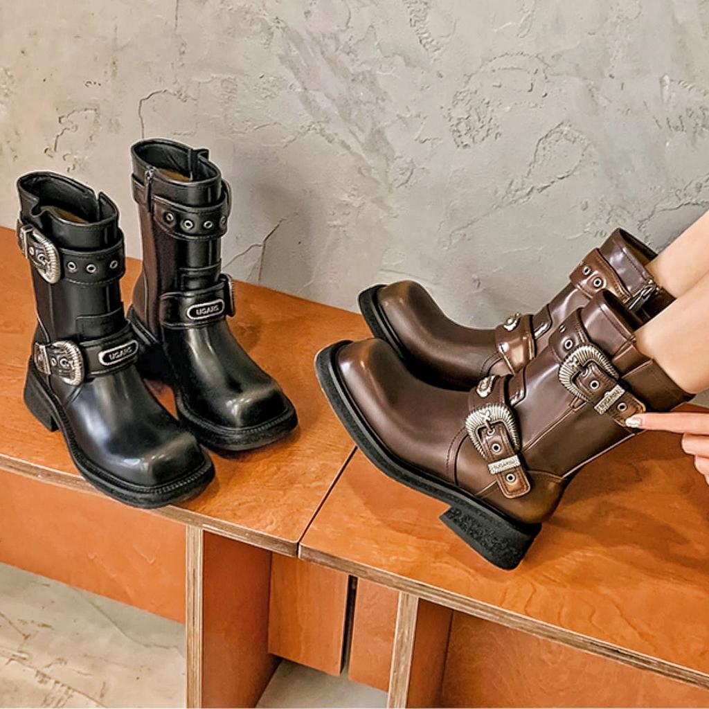 Nappaversion~ Maillard western korta stövlar dam läder mellanhöga retro Martin-stövlar mellanhöga stövlar lokomotivstövlar westernstövlar