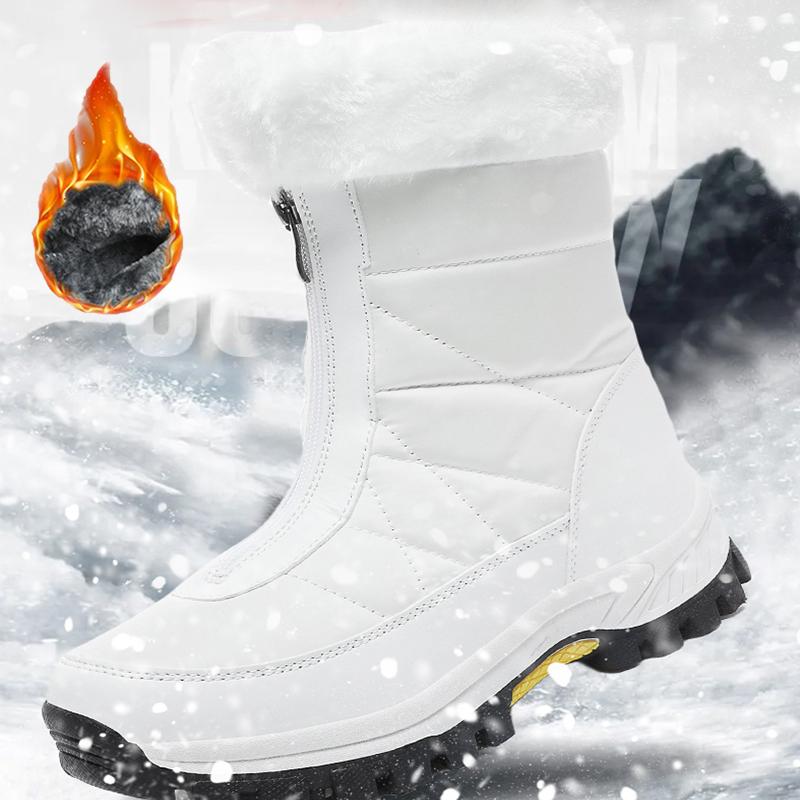 Women's Winter Leather Boots Women Winter Shoes Keep Warm Non-slip Black Snow Boots Ladies Lace-up White Boots