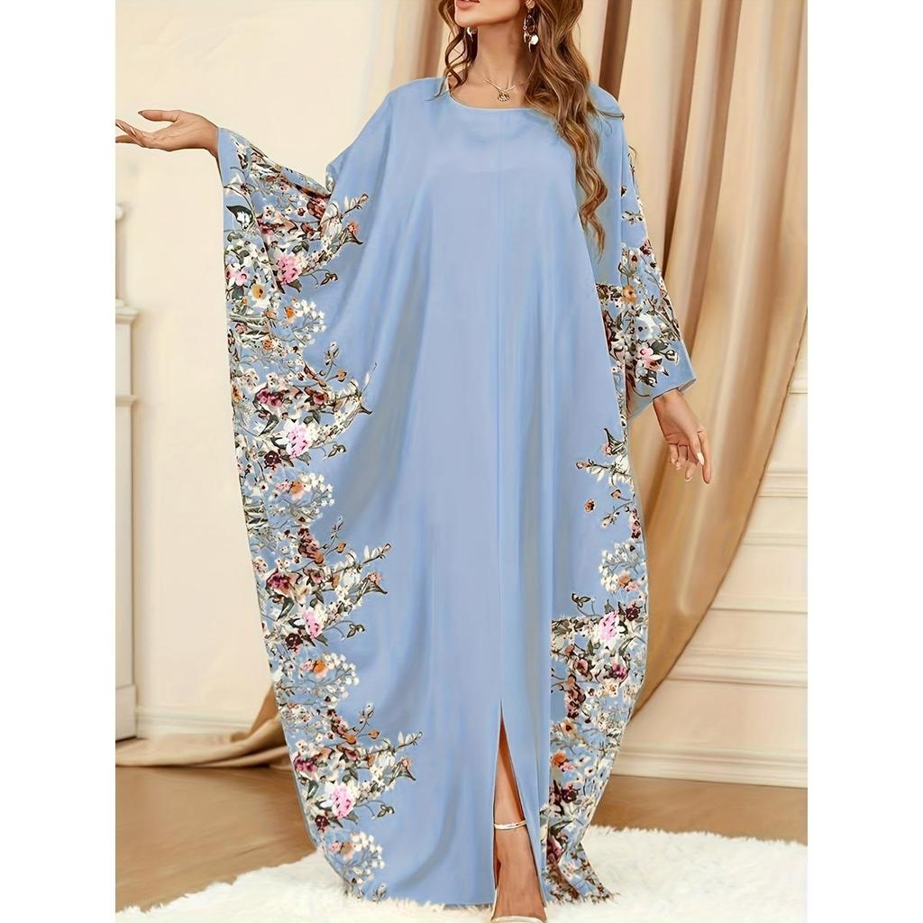 Ramadan-Kaftan mit Blumendruck und Rundhalsausschnitt, elegantes Maxikleid mit Fledermausärmeln und Schlitz, Damenbekleidung