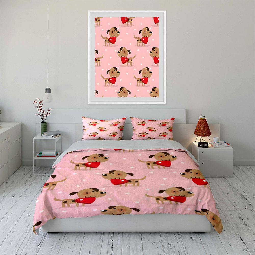 Cartoon Dog Valentine'S Set Multiple Sizes Kid'S And Adults' Bedroom Exquisite 3Pc Bedding Set, Gift