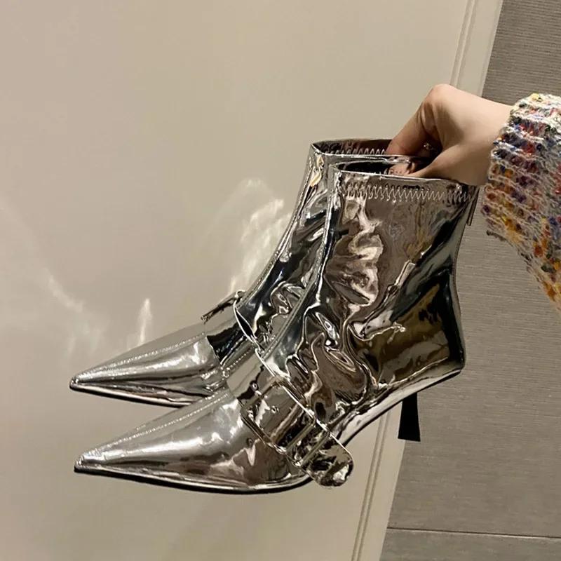Fashion Eilyken Design Sexy Pointed Toe Belt Buckle Women Ankle Boots Thin Heels Patent Leather Autumn Zipper Party Shoes