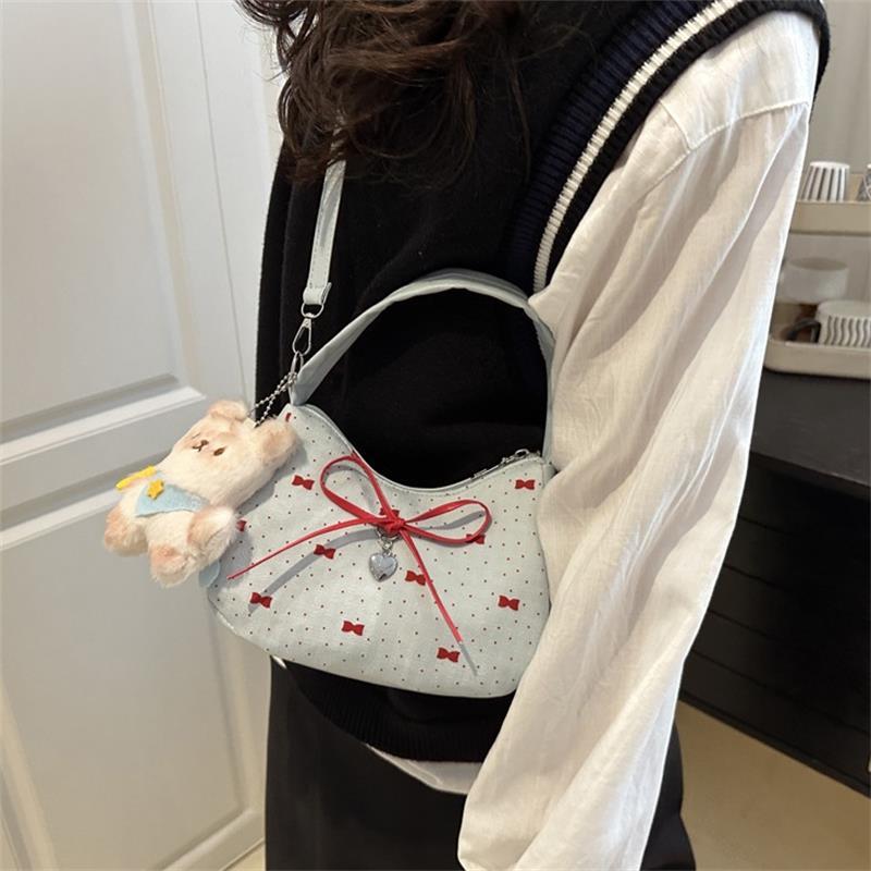 Cute Bowknot Print Shoulder Bag With Plush Pendant Crossbody Bag Handbag Girly Tote Commuter Bag Women Underarm Bag Gift