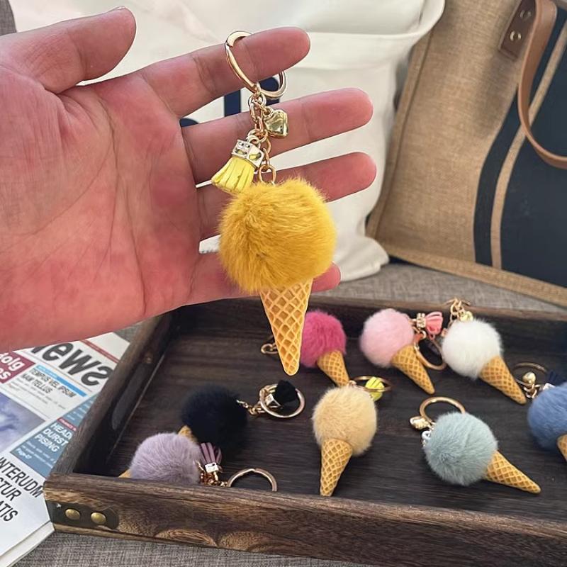 1Pcs Plush Pompom Pendant Keyring Holder New Ice Cream Keychains For Women Men Charm Bag Decoration Jewelry Gifts