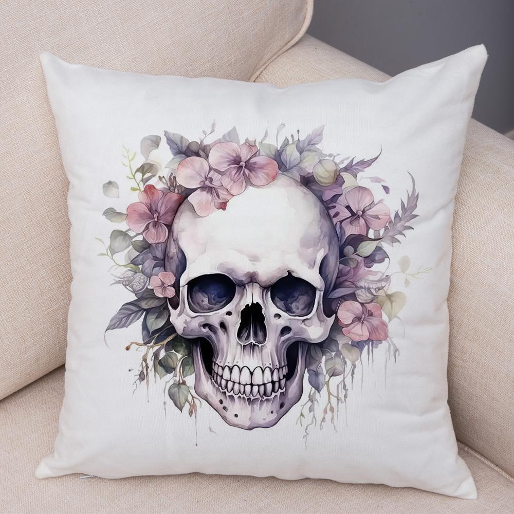 Coral Petal Skull Cushion Cover Double Print Orchid Watercolor Pillowcase Soft Plush Lavender Floral Skull Cushion Cover