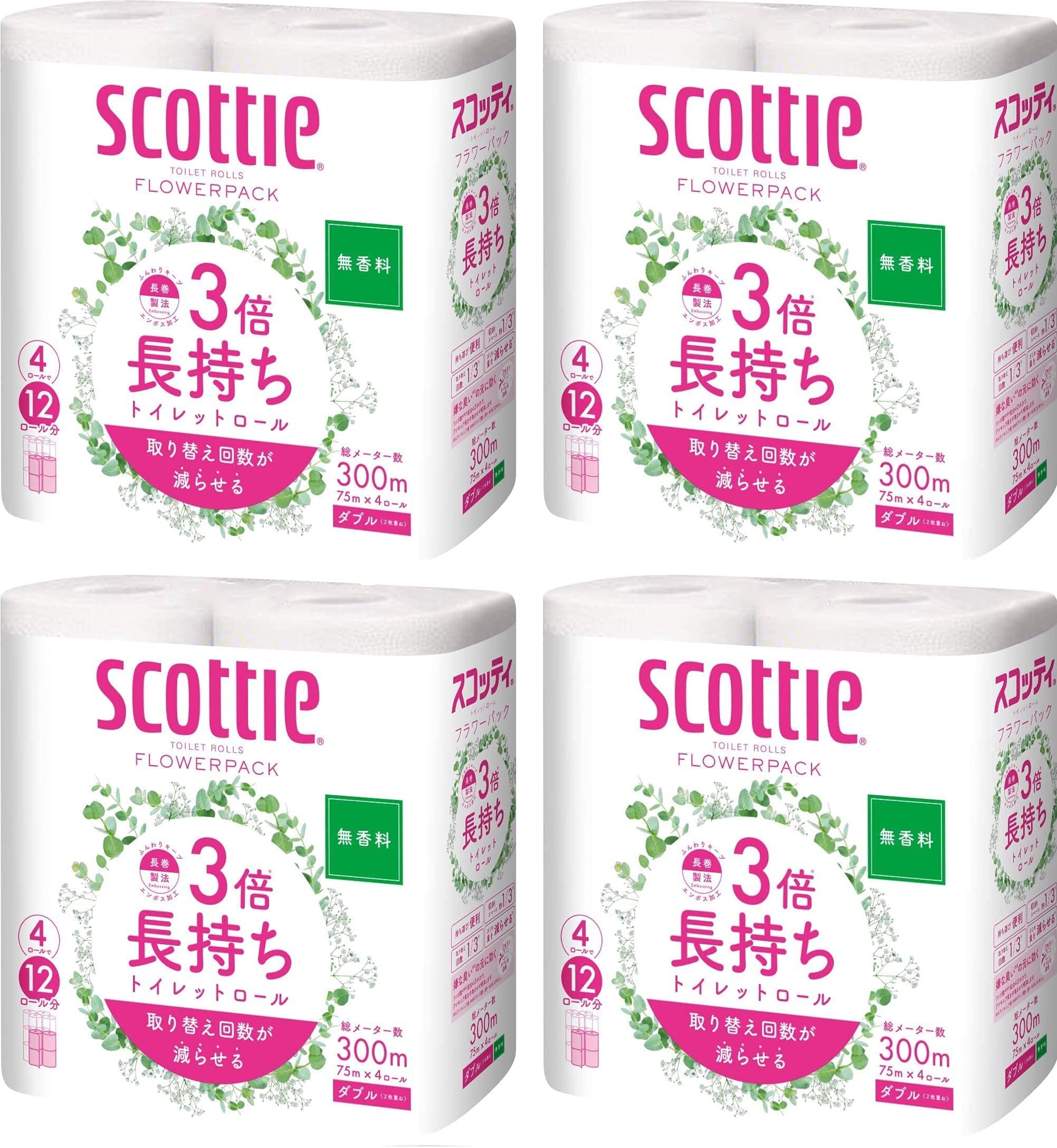 

Nippon Paper Crecia Scotty Flower 3x Длиннее 4 рулона в упаковке, Долговечный, Без запаха, Двойной, 75м, (Пакет 4)