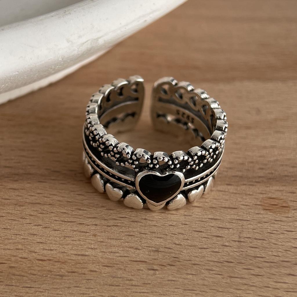 925 Sterling Silver Rings for Women Couple Minimalist Handmade Simple Retro Black Heart Ring Party Jewelry Gift Prevent Allergy