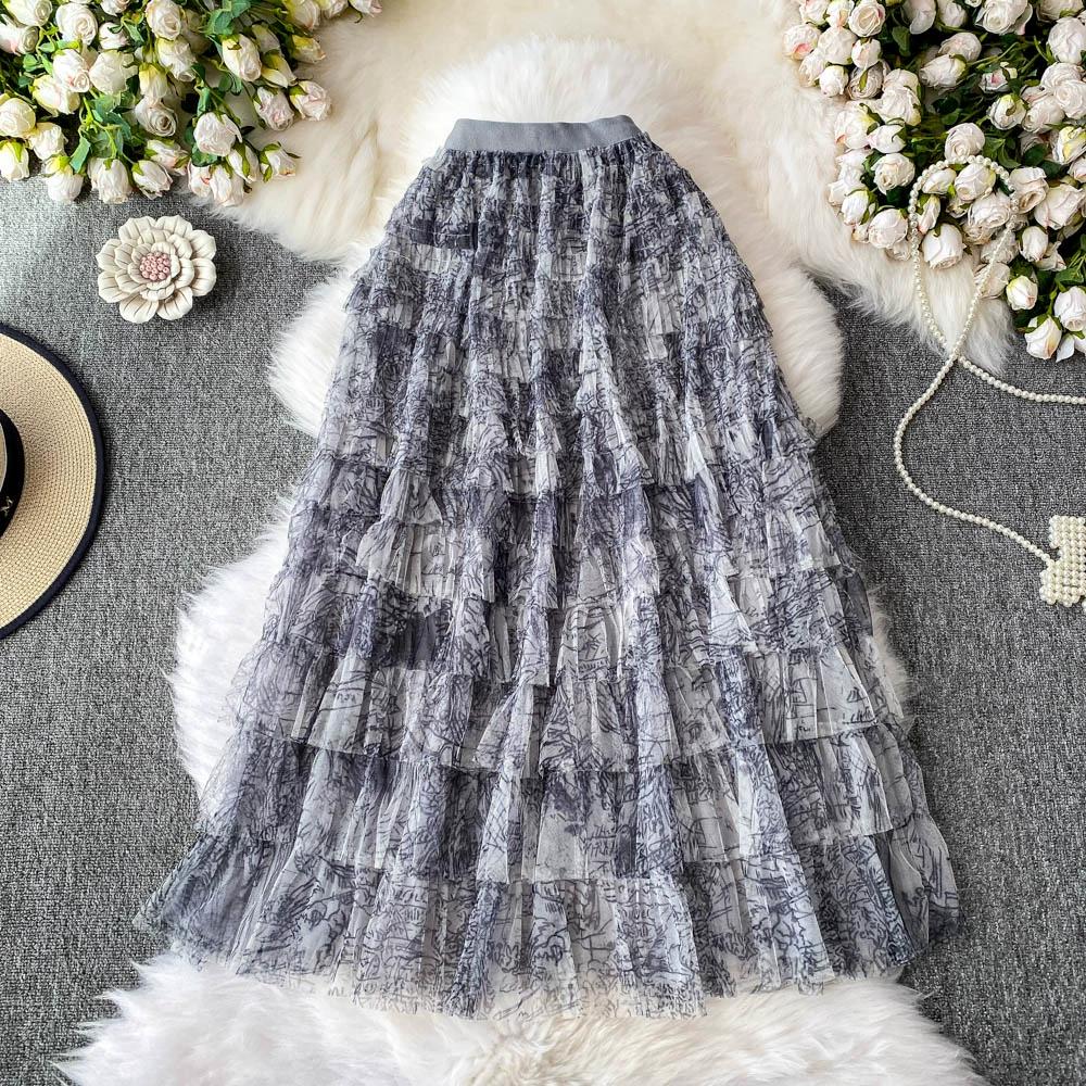 

Летняя женская элегантная дизайнерская юбка-макси из сетки с оборками и принтом в виде чернил One Size темно-синий