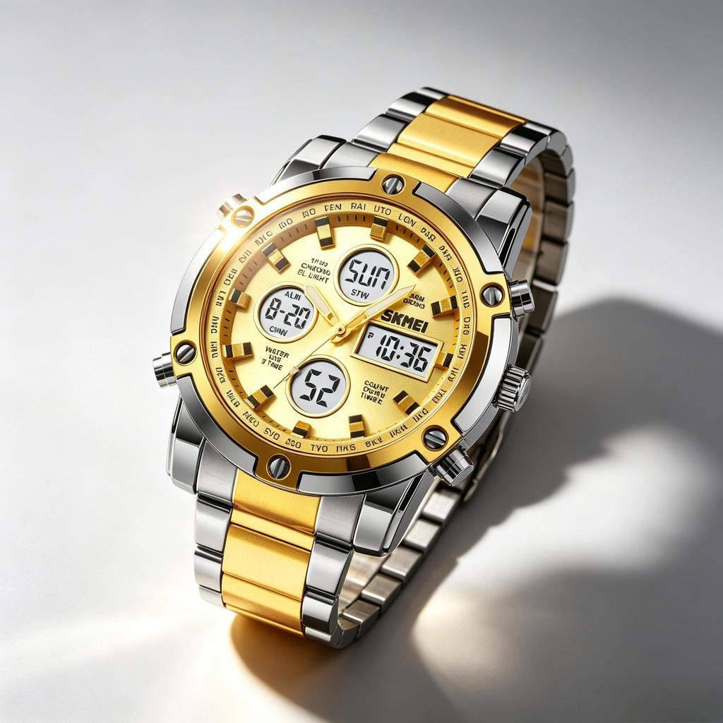Orologio Digitale da Uomo SKMEI Triplo Fuso Orario Doppio Display Acciaio Inossidabile 1389