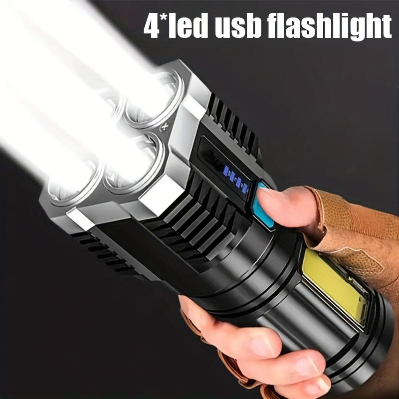 Powerful LED Flashlight with 4 LED Beads and COB Side Lights – USB Rechargeable, Waterproof Torch with 4 Modes for Camping, Hiking, Work