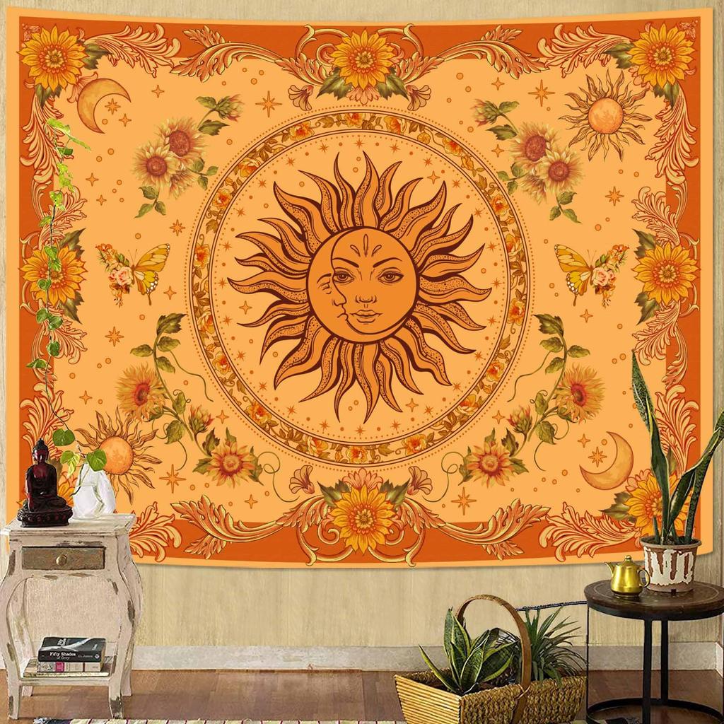 Boho Sun and Moon Tapestry, Colorful Celestial Starry Sky Mandala Print Wall Hanging for Bedroom Living Room Dorm Decor