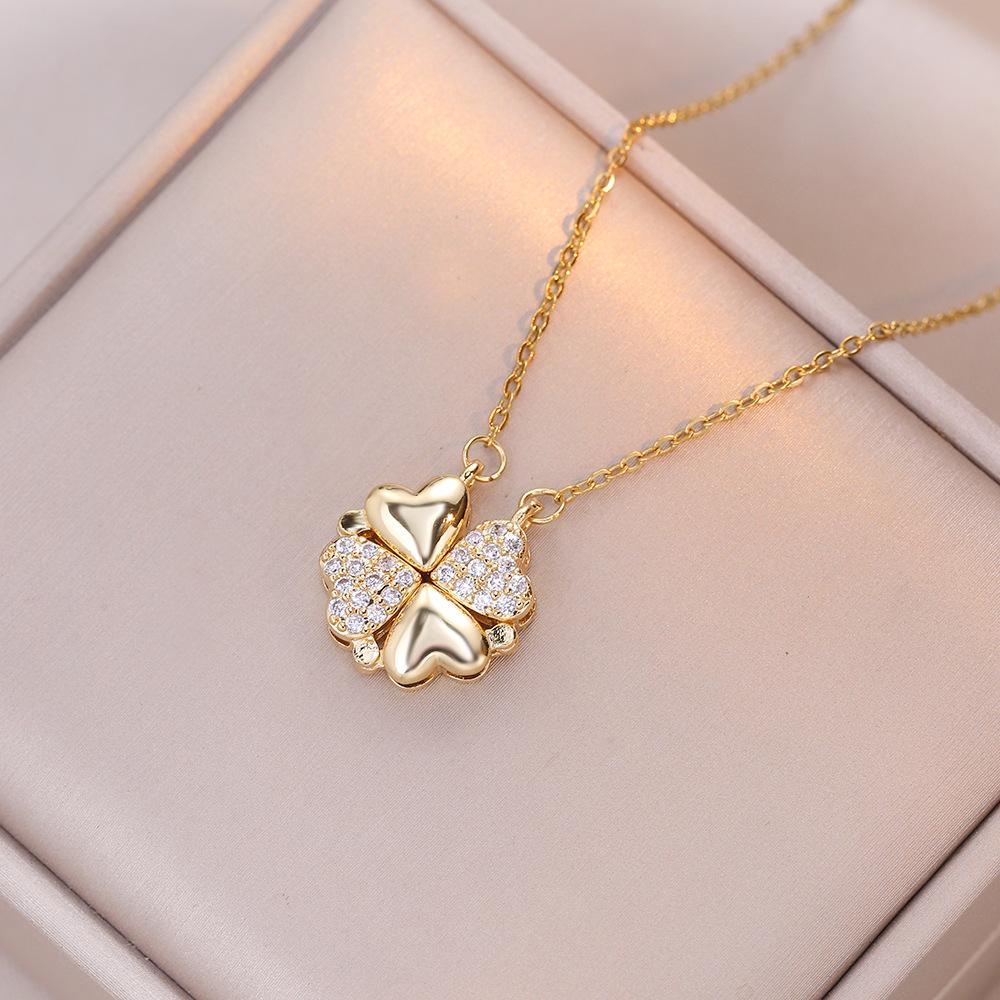 Women's Japanese Korean Folding Fashion Two-Wearing Four-Leaf Flower Heart-to-Heart Clavicle Necklace Zircon Copper Water-Wave