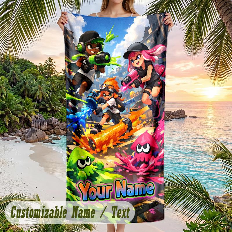 Splatoon Beach Towel, Personalized Custom Text, Quick Dry Soft Large Towel For Swimming Pool Travel