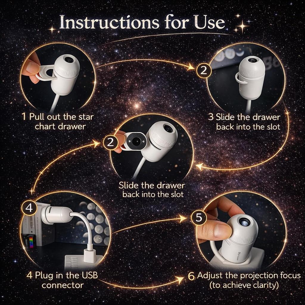 USB Galaxy Star Projector Night Light, 2-in-1 Starry Sky Projector with 6 Projection Films, Adjustable Brightness 360° Rotation, Star Ceiling Light
