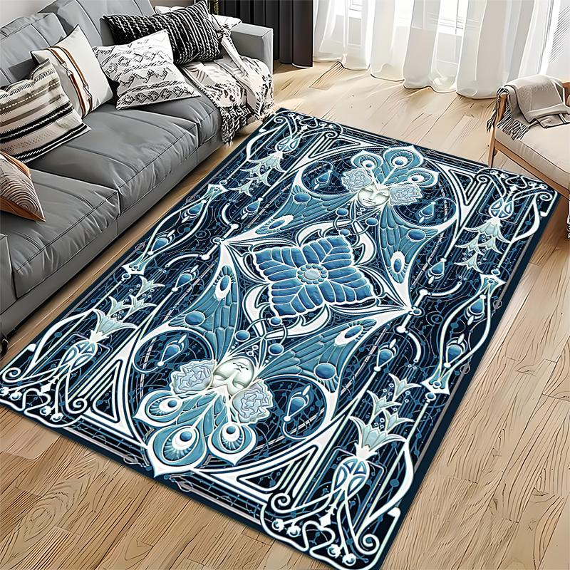Mandala Flower Pattern Carpet in Blue and White Art Deco Style Suitable for use as an anti-slip for living room bedroom sofas