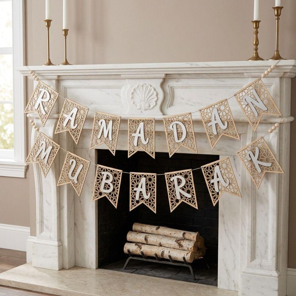 Decorative Ramadan Banner Wooden Eid Hanging Ornaments Crafts Festival Pull Flag  Living Room