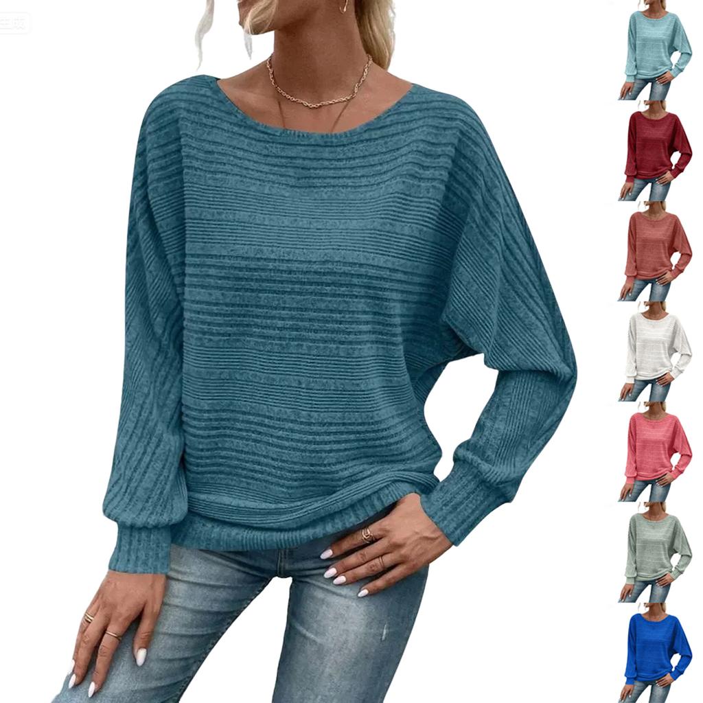 Women's Fashionable Solid Color Round Neck Long Sleeved Casual Pullover T-shirt Top