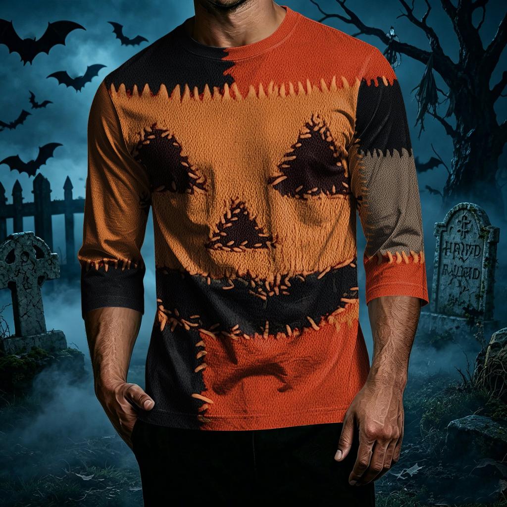 Men Casual Halloween Print Crew Neck T Shirt Three Quarter Sleeve Relaxed Fit Top for Everyday Wear
