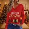 Women's Casual Christmas Print V-Neck Long Sleeve T-Shirt with Decorative Buttons