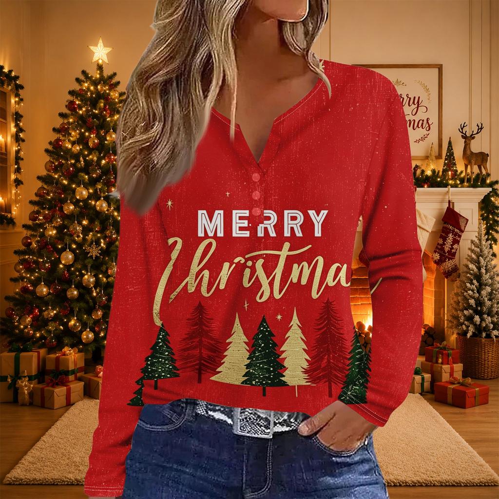 Women's Casual Christmas Print V-Neck Long Sleeve T-Shirt with Decorative Buttons