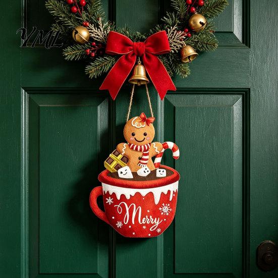 Christmas Party Theme Decor Wooden Hanging Sign, Cute Gingerbread Man Hot Cocoa Mug Welcome Door Rustic Holiday Sign Hanger for Indoor Outdoor