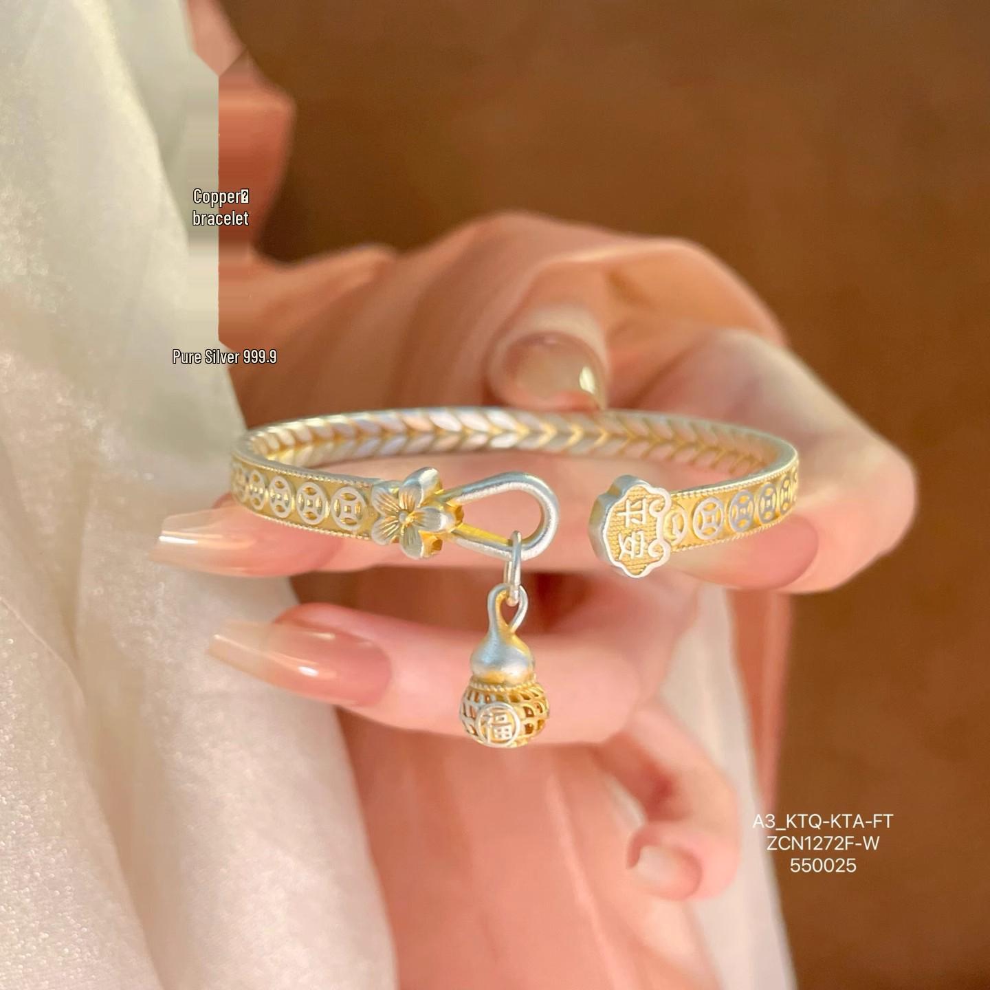 Sterling Silver Gourd Bracelet with Gold Inlay – Openable Fu Lu Design for Women, Light Luxury Gift. Sterling Silver 999.9