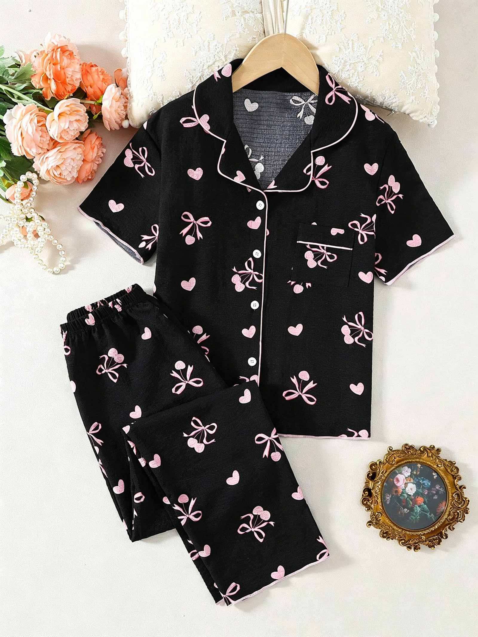 

Girls Button Down Pajama Set, Cute Bow & Heart Print Short Sleeve Top & Pants, Soft Loungewear Sleepwear for Kids 8-13 Years 13Y чорний