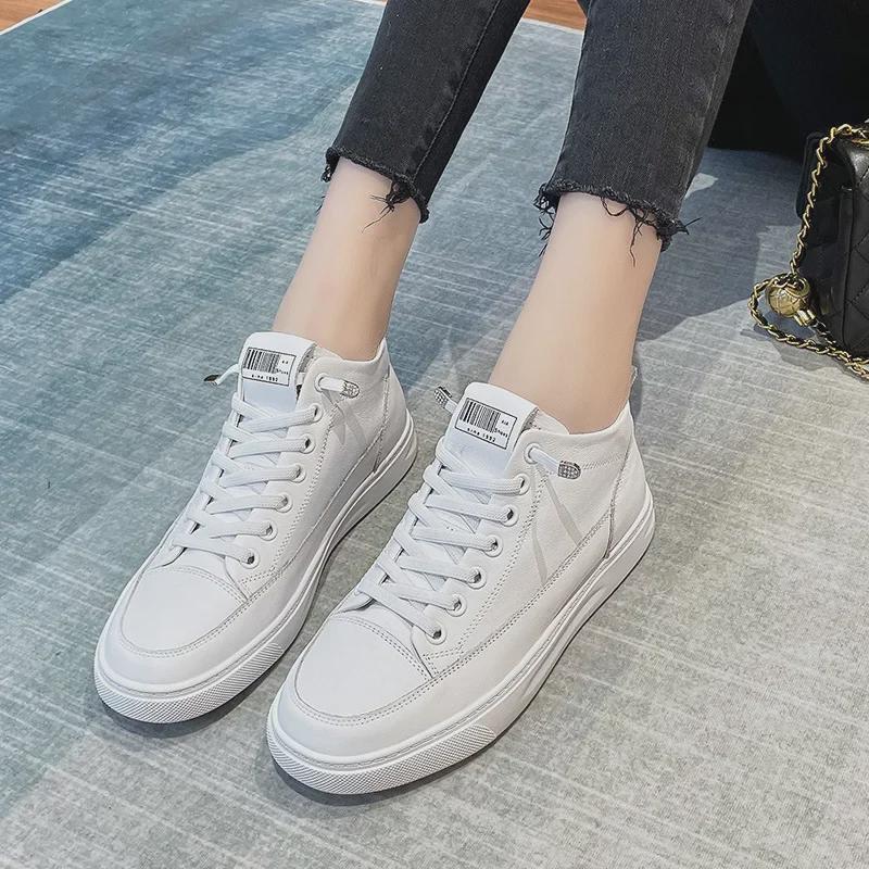 Dámské bílé kotníkové boty z pravé kůže - podzim/zima 2025, univerzální styl, plus samet, první vrstva hovězí kůže, ideální na běhání a cestování.