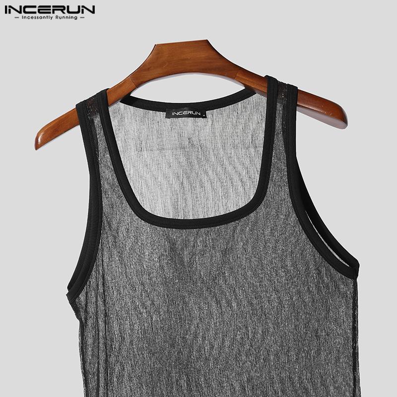 INCERUN Maiouri Transparente din Plasă Sheer cu Sclipici, Fără Mâneci, cu Guler Pătrat pentru Bărbați