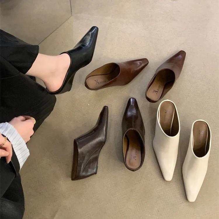 

European American Baotou Half Women s Soft Leather Slope Heel High Cool Fashion Outwear Thick Lazy Muller Shoes 2025 35 чёрный